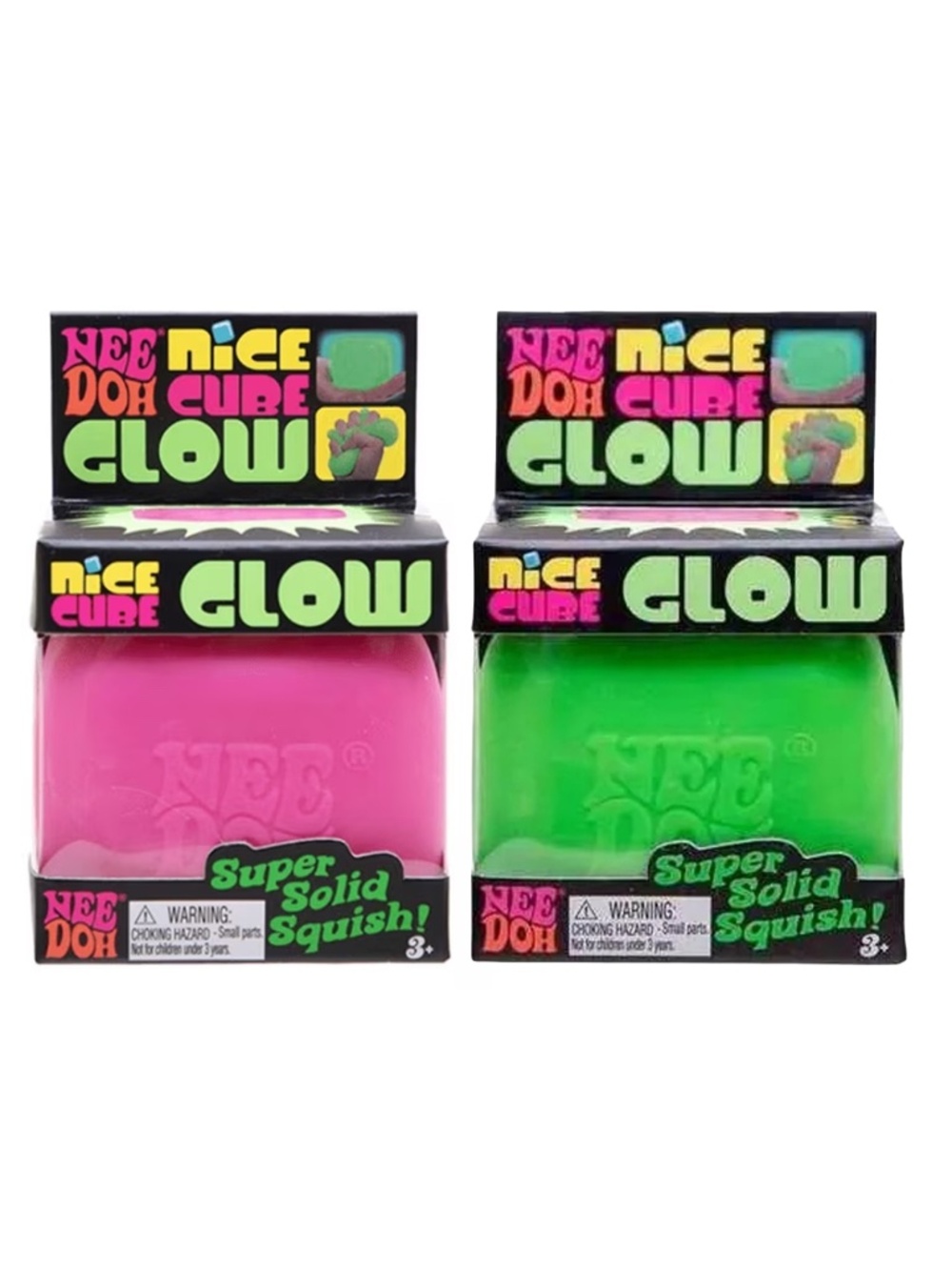 NeeDoh Nice Cube Glow Fidget Toy Set (Pink & Green) - 2 Pack New Schylling